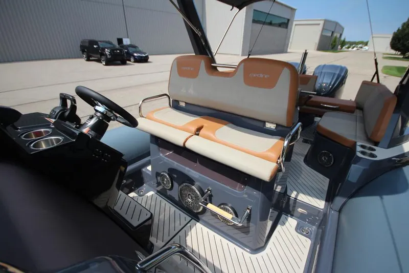 Slide: The Image of 2024 Zodiac MEDLINE 9 NEO Twin 300hp boat interior with seating and controls. - 23