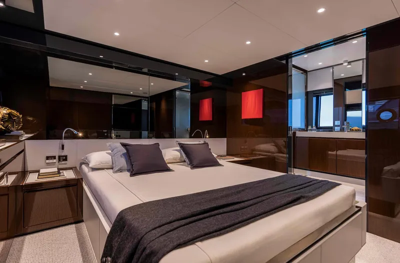 Slide: The Image of Luxurious bedroom interior of 2025 Riva 68' DIABLE yacht with modern design and elegant decor. - 17