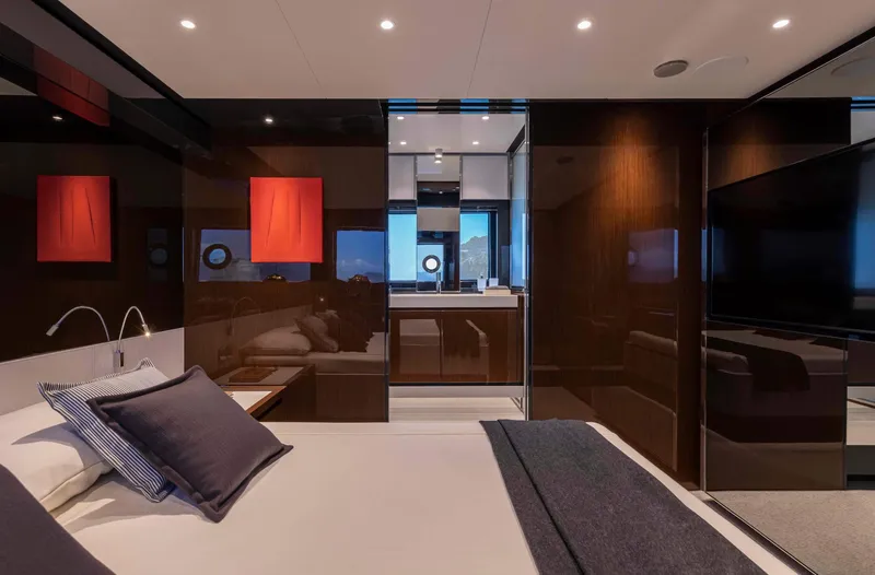 Slide: The Image of Luxurious bedroom interior of 2025 Riva 68' DIABLE yacht with modern design. - 19