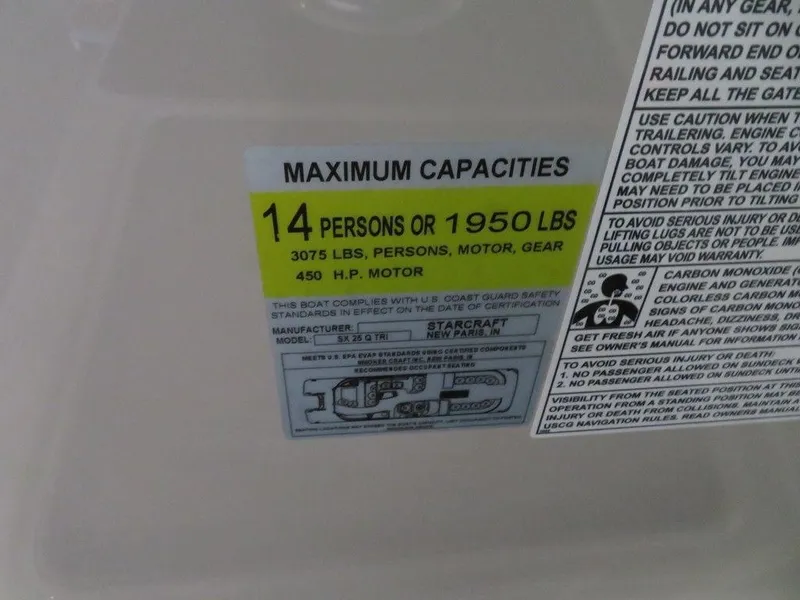 Slide: The Image of 2023 Starcraft SX 25 Q maximum capacities label: 14 persons or 1950 lbs, 450 HP motor. - 25