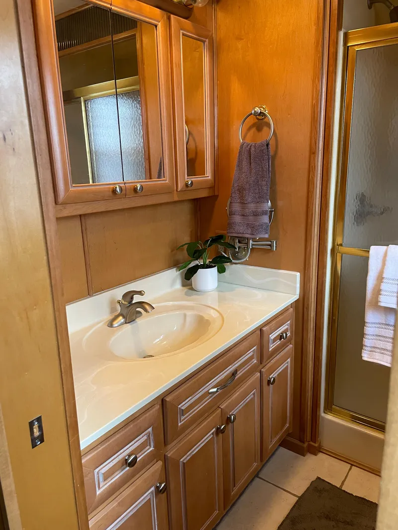 Slide: The Image of 2002 Stardust Cruisers houseboat bathroom with wooden cabinets and glass shower door. - 11