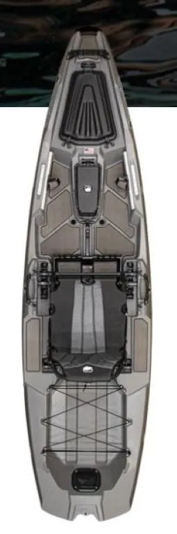 Slide: The Image of 2023 Bonafide SS107 kayak, top view, grey color, with storage compartments and seating area. - 5