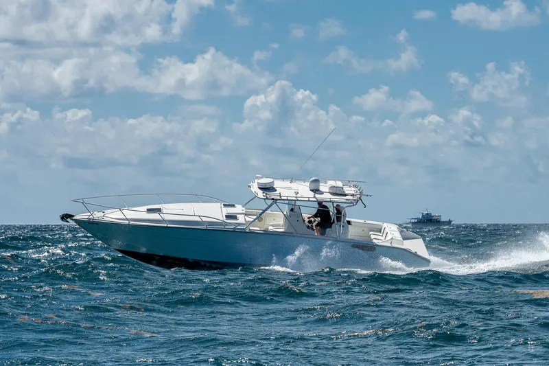 Slide: The Image of 2007 Marlin Yachts 42 cruising on open water under a partly cloudy sky. - 1