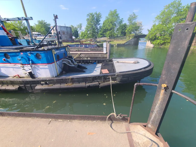 Slide: The Image of Alt text: 1903 Johnson Brother Tug 64 docked by a river with lush greenery. - 20