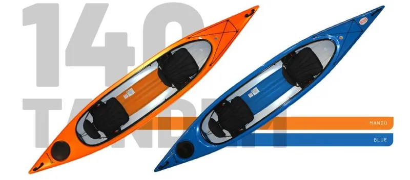 Slide: The Image of 2023 Hurricane Kayaks Santee 140 Tandem in mango and blue colors. - 3