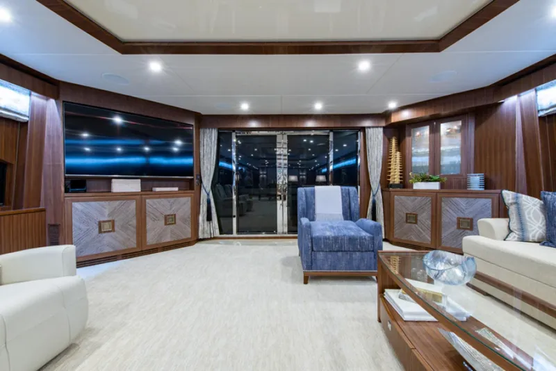 Slide: The Image of Luxurious interior of a 2020 Hargrave G120 yacht with modern furnishings and elegant decor. - 4