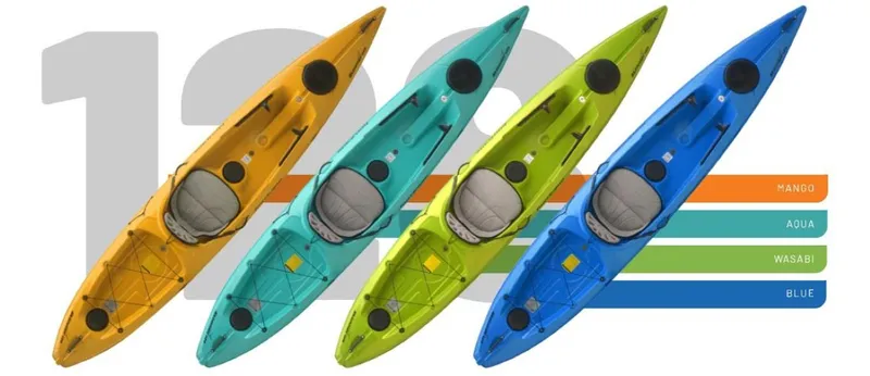 Slide: The Image of Hurricane Kayaks Skimmer 128 in Mango, Aqua, Wasabi, and Blue colors, 2023 model. - 7