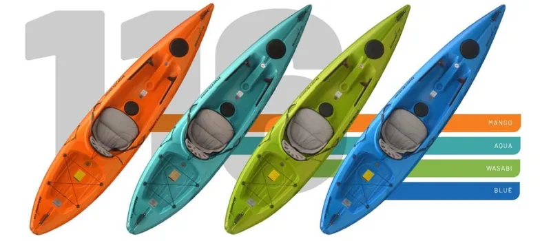 Slide: The Image of 2023 Hurricane Kayaks Skimmer 116 in Mango, Aqua, Wasabi, and Blue colors. - 5