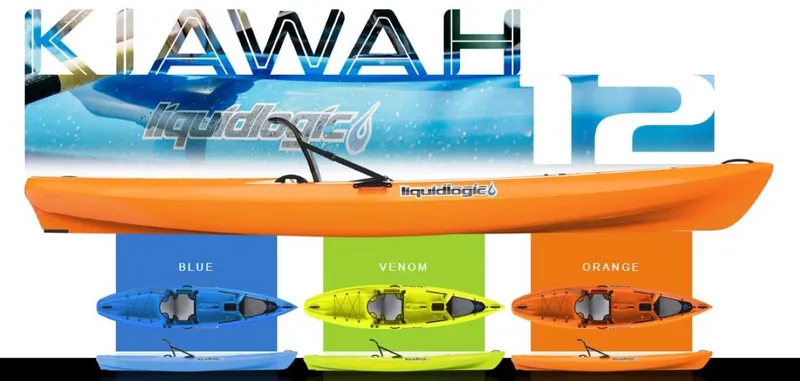 Slide: The Image of 2023 Liquidlogic Kiawah 12 kayak in blue, venom, and orange colors. - 2