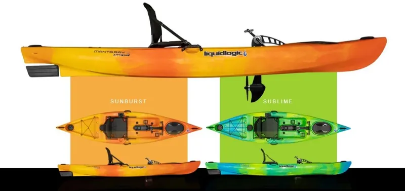 Slide: The Image of 2023 Liquidlogic Manta Ray Propel 12 kayaks in Sunburst and Sublime colors. - 4