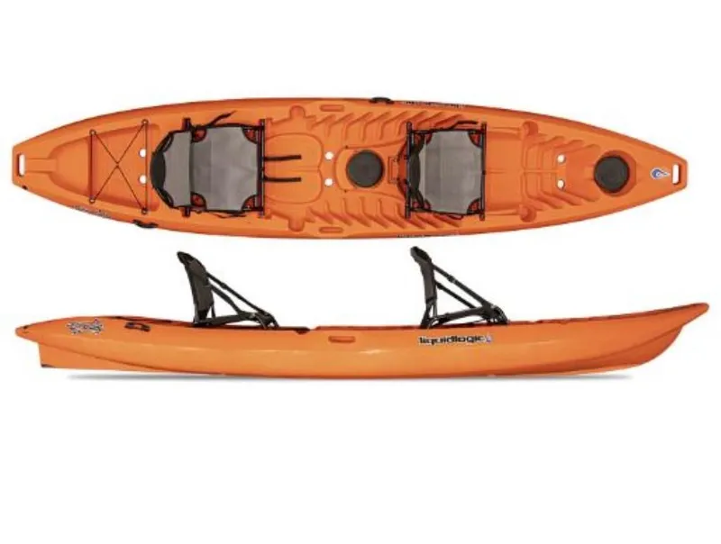 Slide: The Image of Orange Liquidlogic Stingray 13.5 kayak, 2023 model, top and side view. - 7