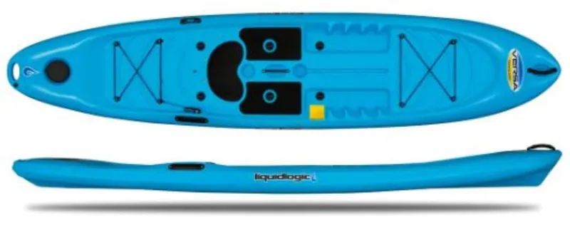 Slide: The Image of 2023 Liquidlogic Versa Board blue kayak, top and side view. - 2
