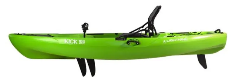 Slide: The Image of 2023 Lightning Kayaks Kick 106 green kayak with adjustable seat and dual fins. - 6