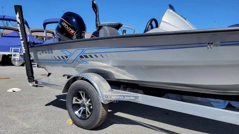 Slide: The Image of 2025 Xpress H17C Crappie boat with Yamaha Vmax 90 engine on trailer. - 10