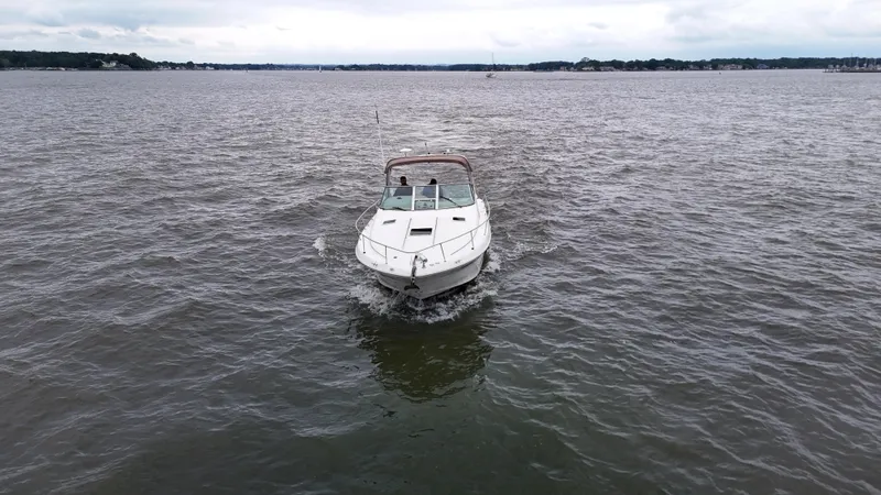 Slide: The Image of 1999 Sea Ray 310 Sundancer cruising on open water under cloudy skies. - 35