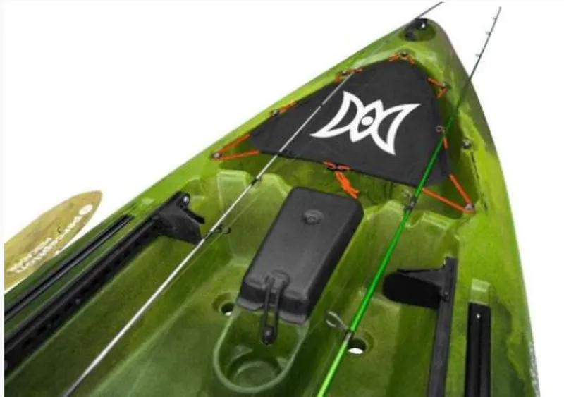 Slide: The Image of Perception Kayaks Pro 10, 2023 model, green kayak with fishing rod holders and storage. - 3