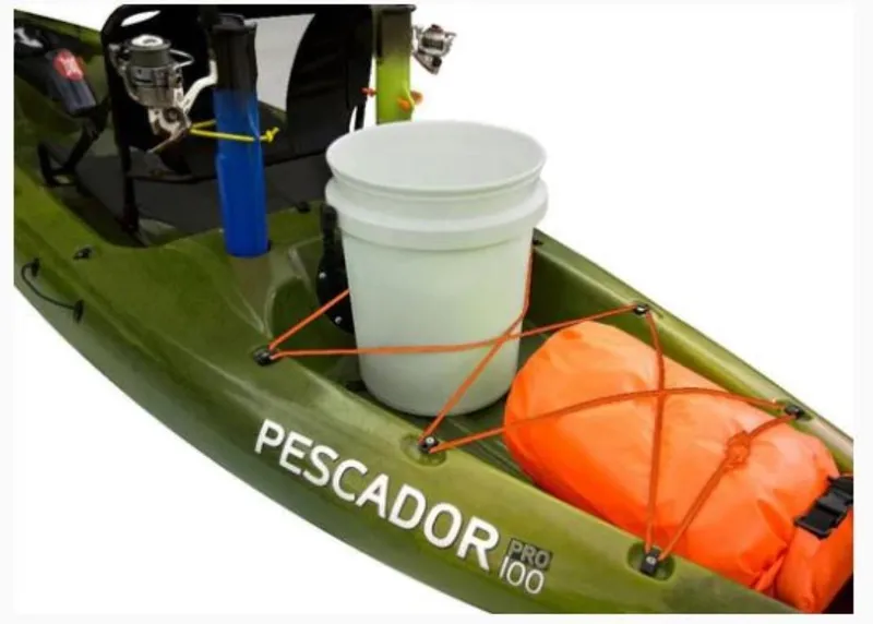 Slide: The Image of Perception Kayaks Pescador Pro 10 kayak with fishing gear and storage, 2023 model. - 11