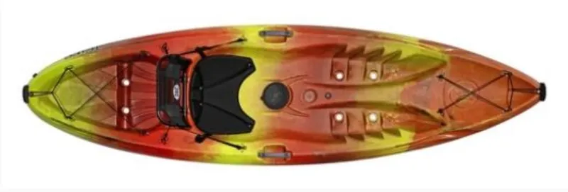 Slide: The Image of 2023 Perception Kayaks Tribe 9.5 sit-on-top kayak, vibrant red and yellow design. - 1
