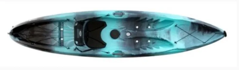 Slide: The Image of 2023 Perception Kayaks Tribe 11.5, top view, blue and black sit-on-top kayak. - 6