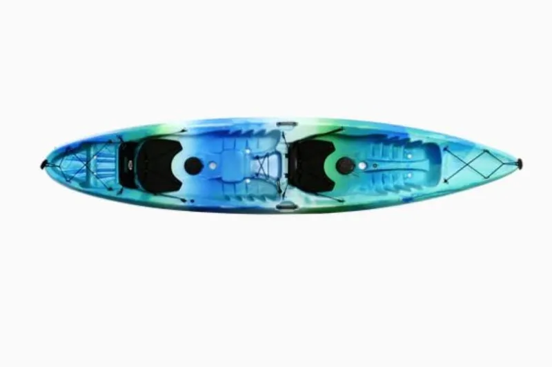 Slide: The Image of 2023 Perception Kayaks Tribe 13.5 tandem kayak, blue-green color, top view. - 7