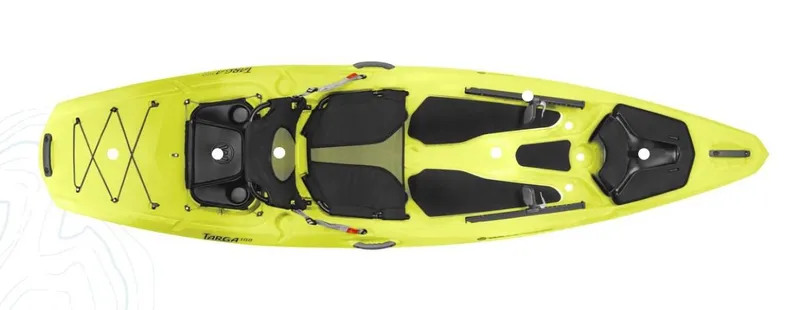 Slide: The Image of 2023 Wilderness Systems Targa 100 kayak, top view, bright yellow, with seating and storage compartments. - 6