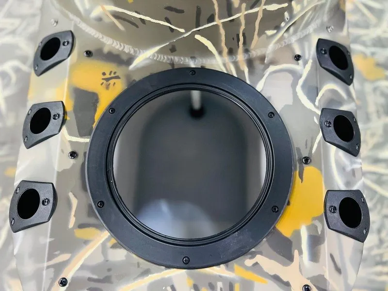 Slide: The Image of War Eagle Blackhawk 2170 kayak hatch with camo design, featuring multiple rod holders, 2025 model. - 5