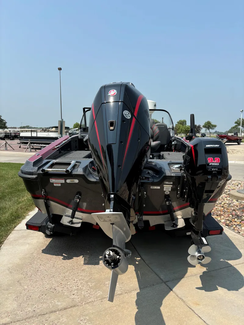 Slide: The Image of 2023 Nitro ZV20 Pro boat with dual outboard motors, rear view. - 3