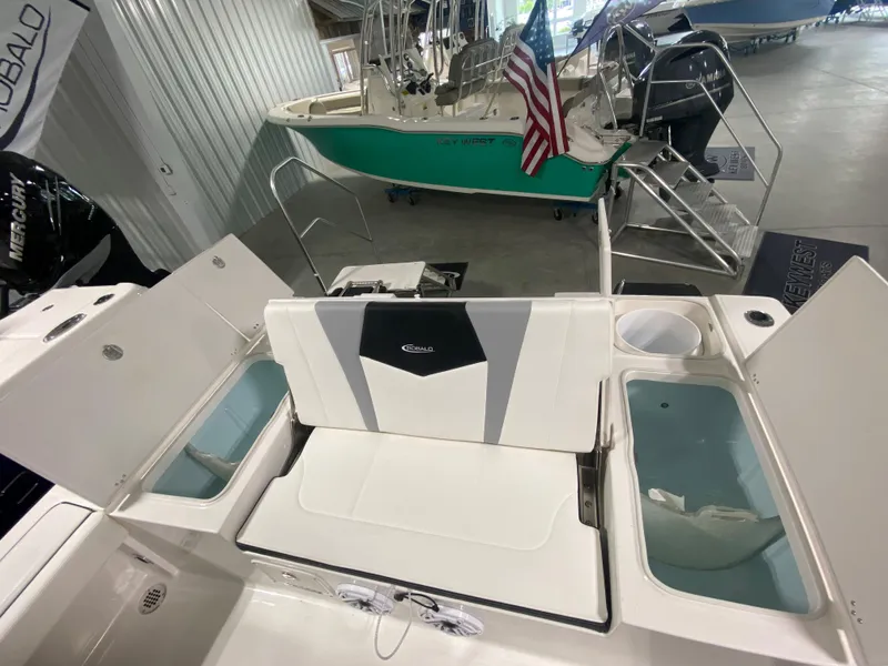 Slide: The Image of 2024 Robalo 246 Cayman boat interior with seating and storage compartments. - 6