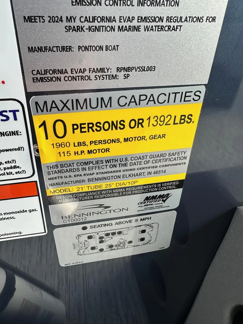 Slide: The Image of Bennington 22 SF Pontoon capacity label, 10 persons or 1392 lbs, 115 HP motor. - 38