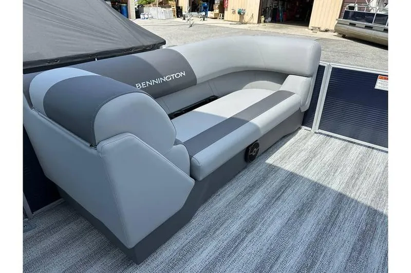 Slide: The Image of Bennington 20 SS Family/Fishing boat interior with gray seating, 2026 model. - 12