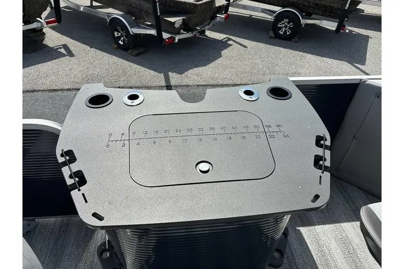 Slide: The Image of 2026 Bennington 20 SS Family/Fishing boat deck with measurement markings and cup holders. - 17