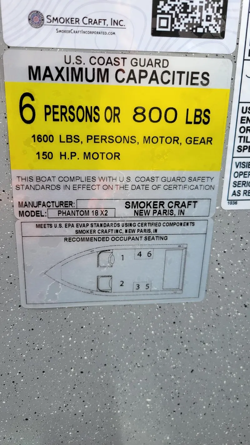 Slide: The Image of 2026 Smoker Craft Phantom 18 X2 capacity label, 6 persons or 800 lbs, Yamaha 150 hp. - 22