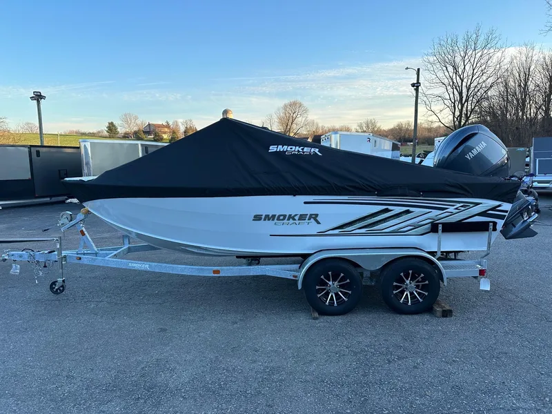 Slide: The Image of 2026 Smoker Craft Phantom 18 X2 boat with Yamaha 150 hp engine, covered and on trailer. - 3
