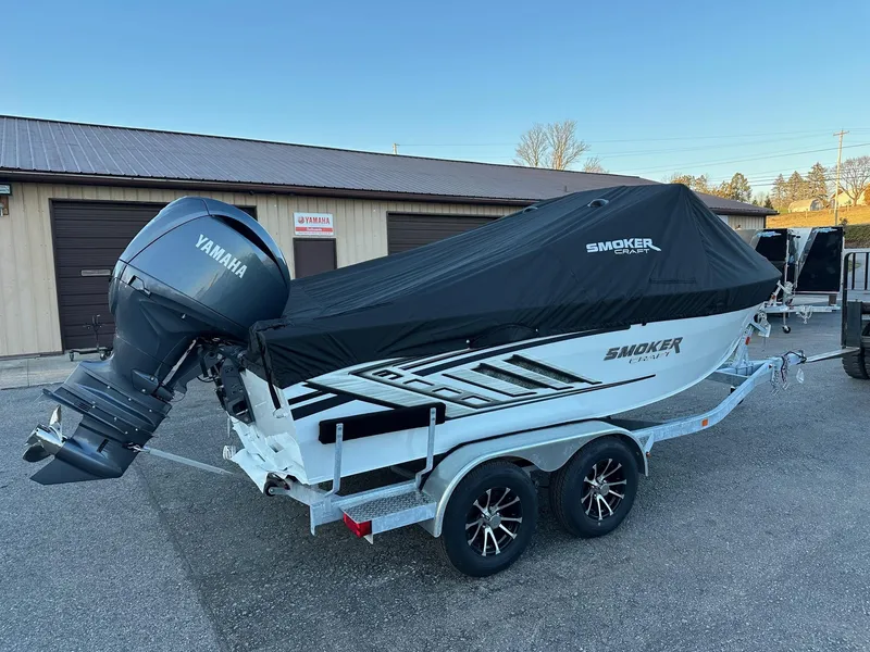 Slide: The Image of 2026 Smoker Craft Phantom 18 X2 boat with Yamaha 150 hp engine, covered and on trailer. - 4