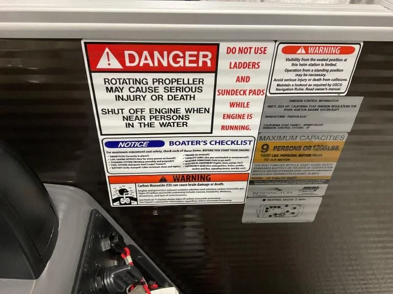 Slide: The Image of Safety warnings and capacity limits on a 2025 Bennington 188 SS Family Fish Pontoon. - 4