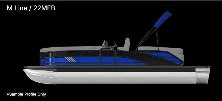 Slide: The Image of 2025 Bennington 22 MFB Tritoon, blue and gray, side view, black background. - 20
