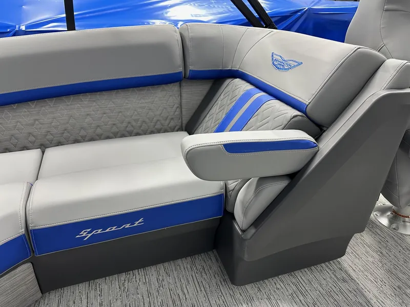 Slide: The Image of Luxurious seating in 2025 Bennington 22 MFB Tritoon, featuring blue and gray upholstery. - 36