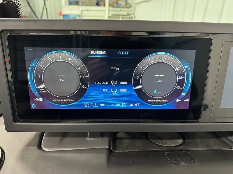 Slide: The Image of Dashboard display of 2025 Bennington 22 MFB Tritoon, showing RPM and MPH gauges. - 39
