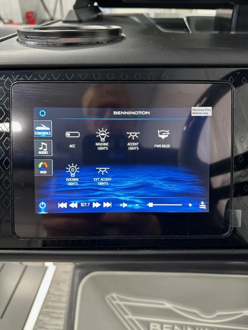 Slide: The Image of Touchscreen control panel of 2025 Bennington 22 MFB Tritoon boat, displaying various lighting options. - 40
