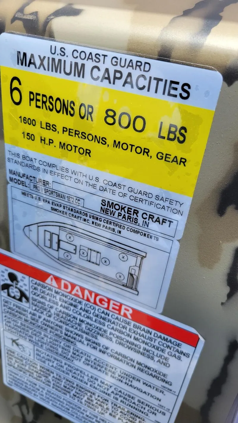 Slide: The Image of 2026 Smoker Craft Pro Sportsman 1872 CC capacity label, 6 persons or 800 lbs, Yamaha 115 hp. - 16