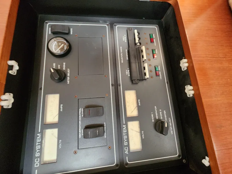 Slide: The Image of Control panel of a 2004 Tiara Yachts 38 Open, featuring AC and DC systems. - 17