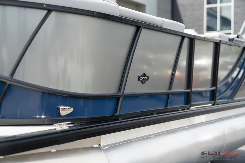 Slide: The Image of 2023 South Bay 525 3.0 Entertain 200HP pontoon boat side view. - 17