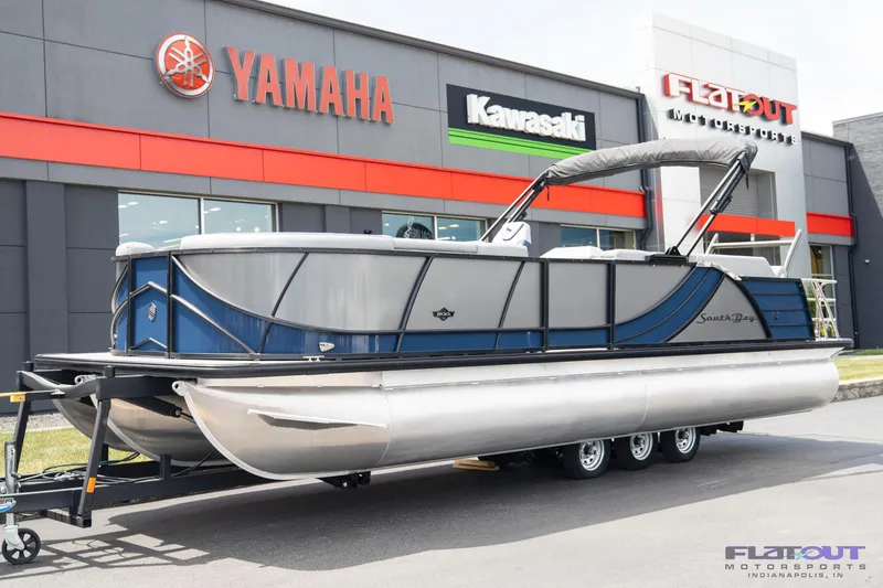 Slide: The Image of 2023 South Bay 525 3.0 Entertain 200HP pontoon boat at dealership. - 2