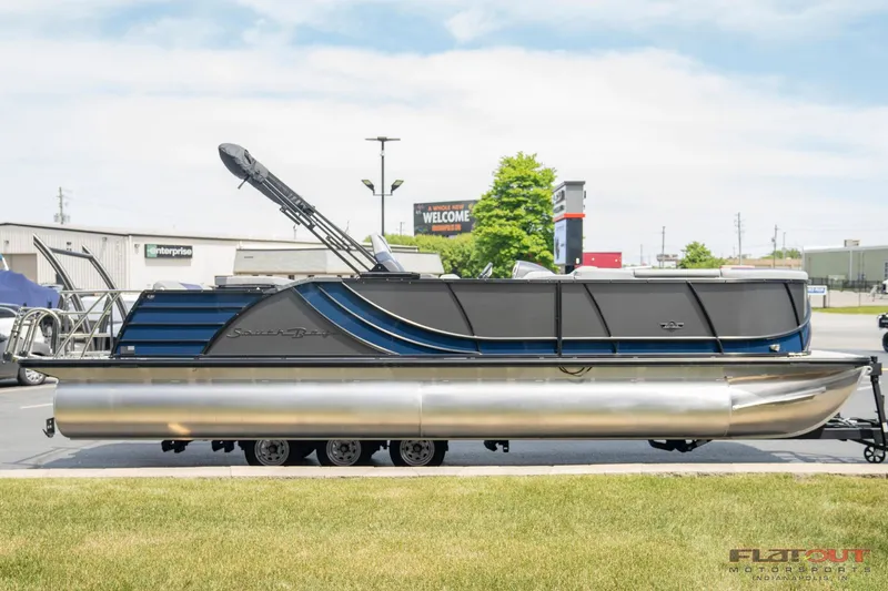 Slide: The Image of 2023 South Bay 525 3.0 Entertain 200HP pontoon boat on a trailer. - 4