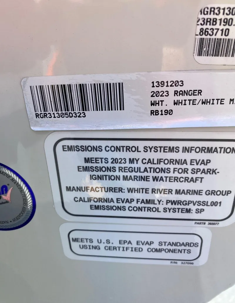 Slide: The Image of 2023 Ranger RB190 emissions control information, meets California and U.S. EPA standards, White River Marine Group. - 16