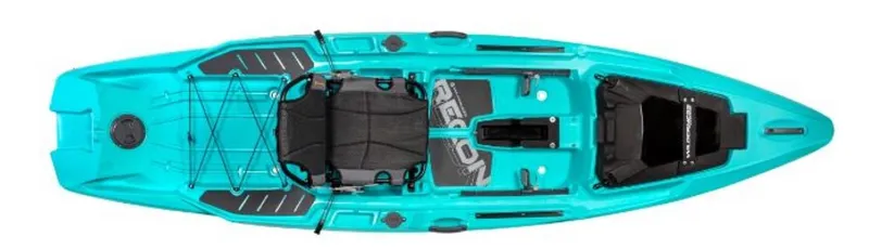 Slide: The Image of 2023 Wilderness Systems Recon 120 kayak, top view, turquoise color, with adjustable seat and storage compartments. - 3