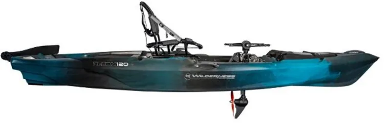 Slide: The Image of 2023 Wilderness Systems Recon 120 HD kayak, side view, blue and black. - 10