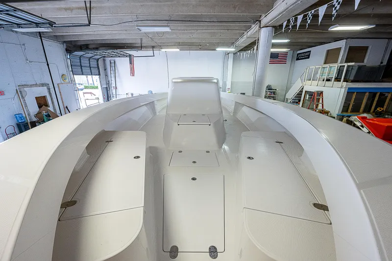 Slide: The Image of 2023 Sparks 46 boat interior under construction in a workshop. - 19