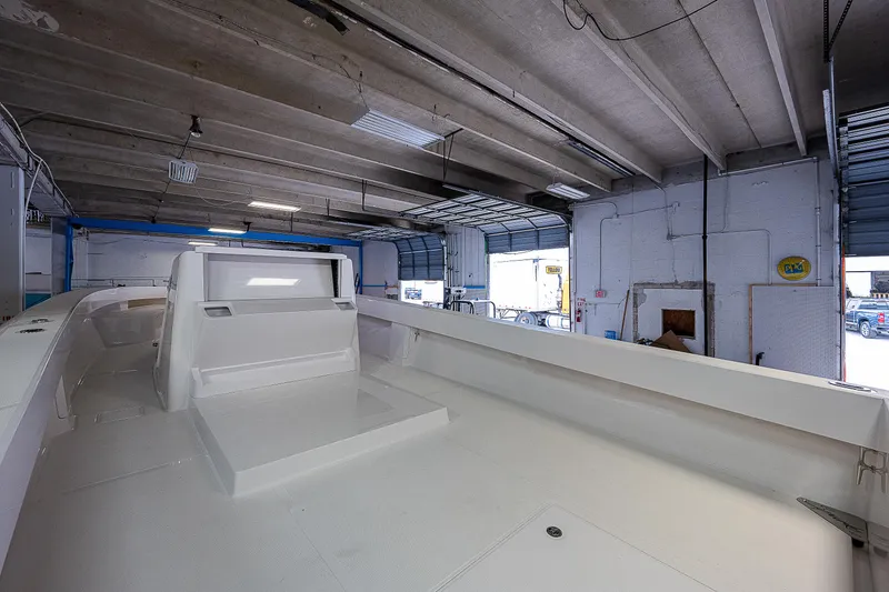 Slide: The Image of Sparks 46 boat interior in a garage, 2023 model. - 72