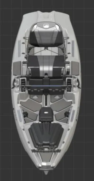Slide: The Image of 2023 Bonafide SS127 kayak, top view, gray color, detailed seating and storage compartments. - 4